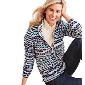 Talbots Fair Isle Fleece Zip-Up Jacket Blue Lavender Size L
